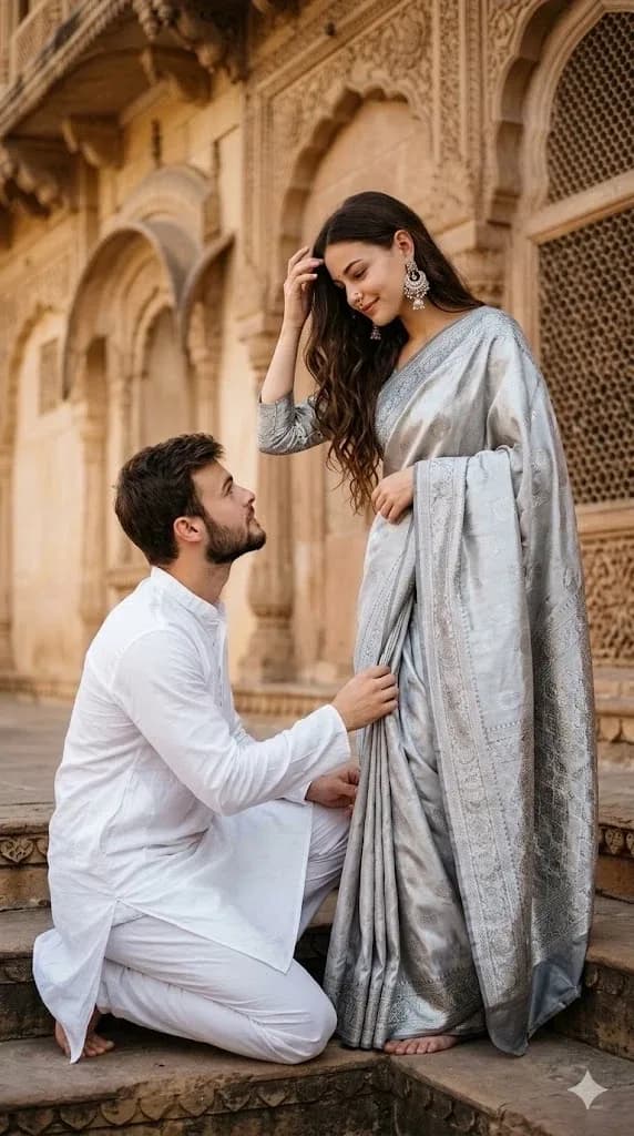 traditional indian couple saree romantic portrait