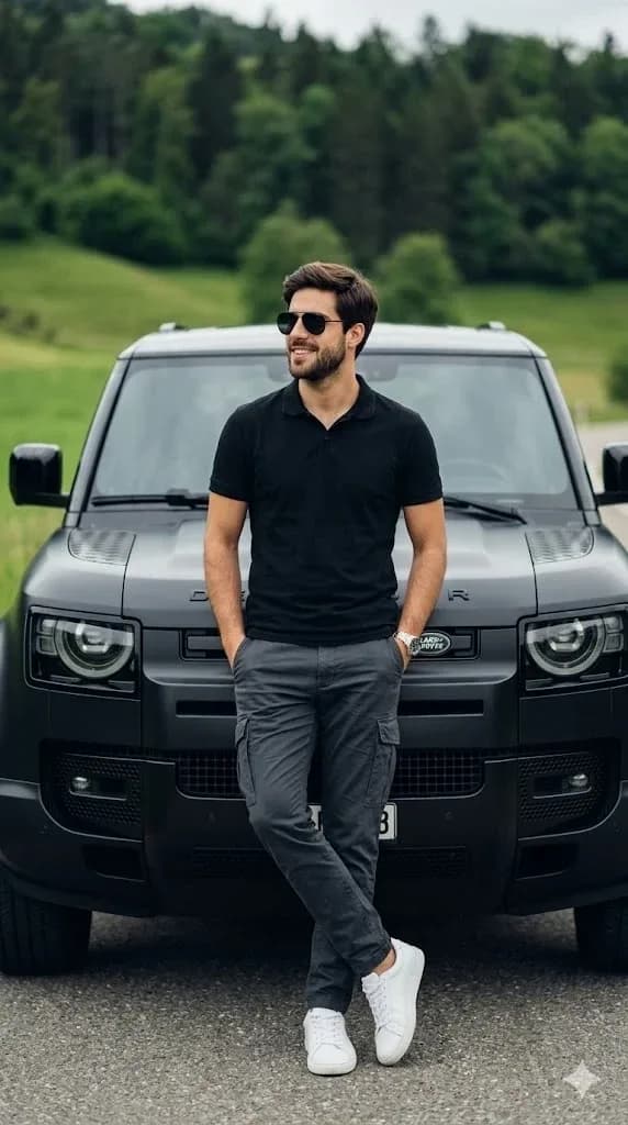 Man with Defender Car
