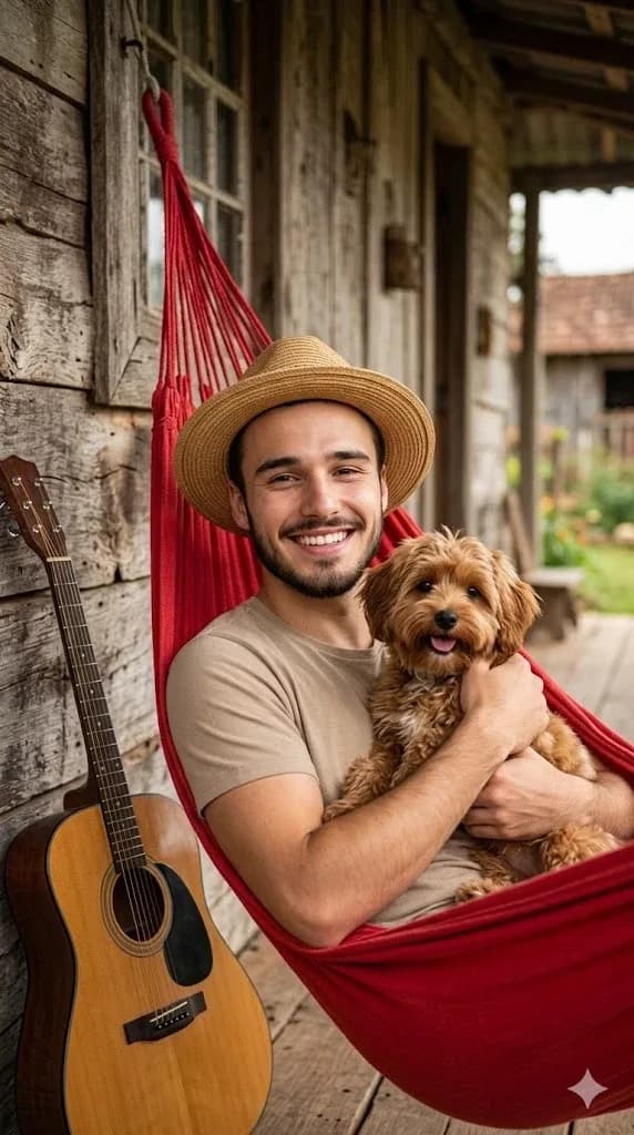 Happy Man with Dog Hammock Portrait Prompt