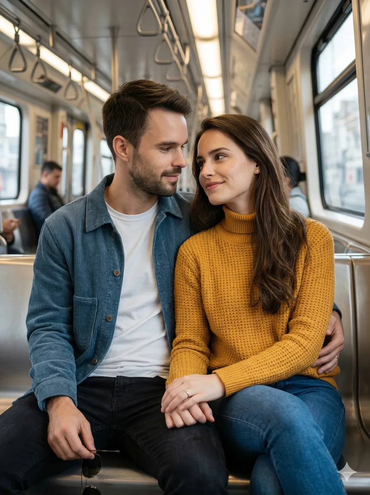 face to face metro train  couple pose 